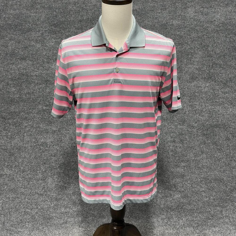 Nike Golf Polo Shirt Mens Large Gray Pink Stripe Dri-FIT Tour Golf Performance